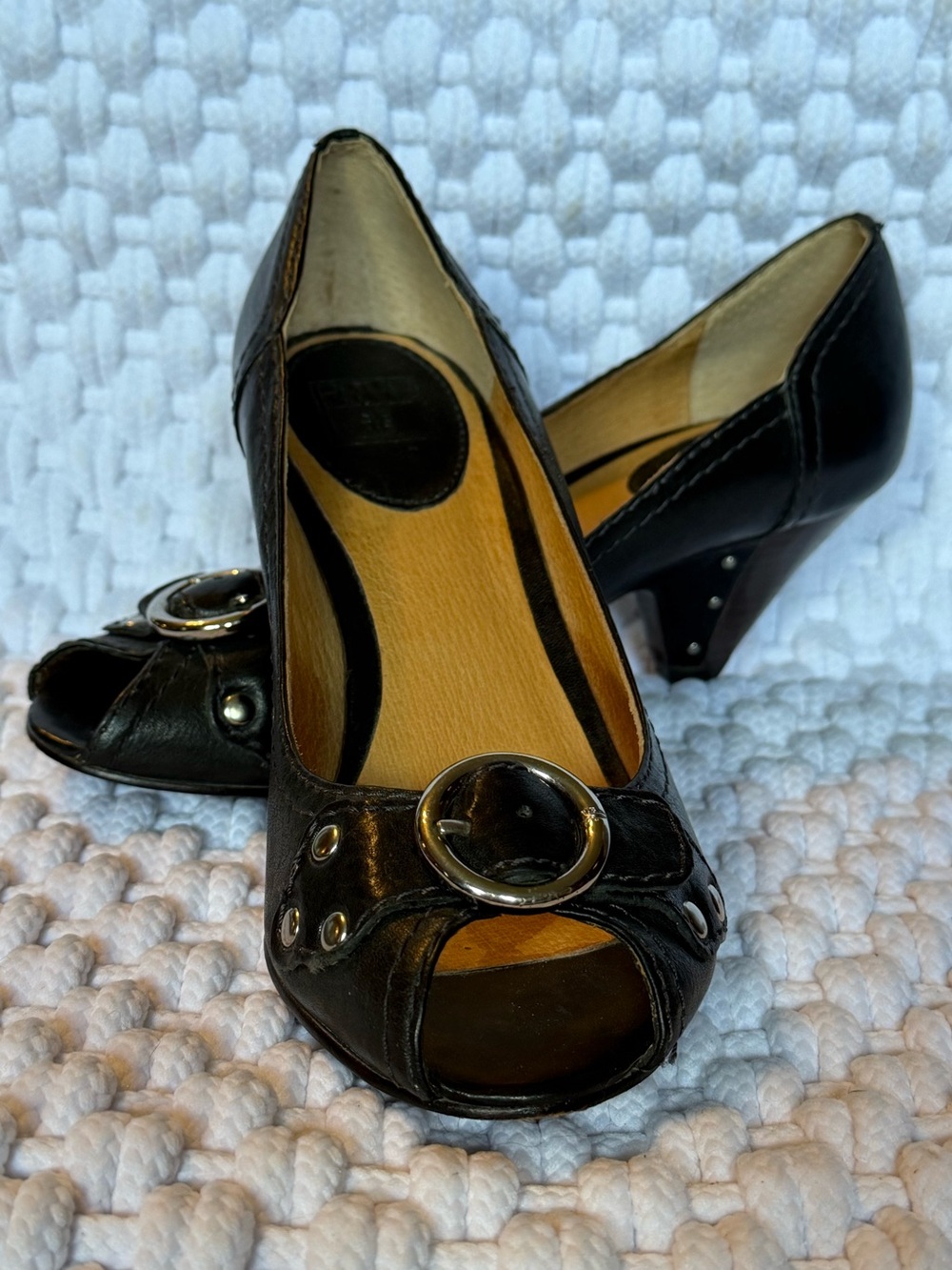 FRYE “Maya” Black Leather Peep Toes 7M